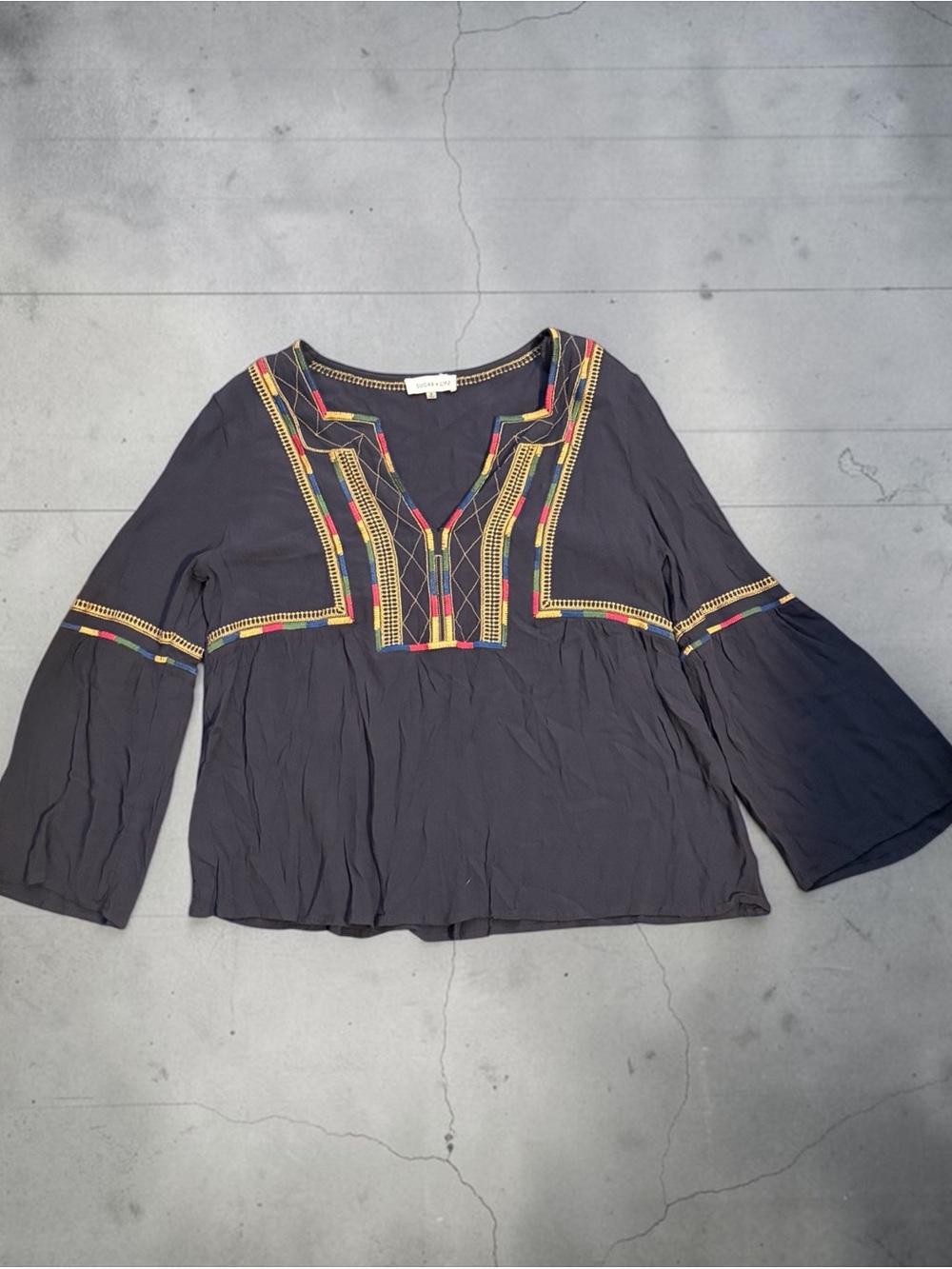 Sugarlips Navy Embroidered Peasant Blouse - Picture 7 of 7